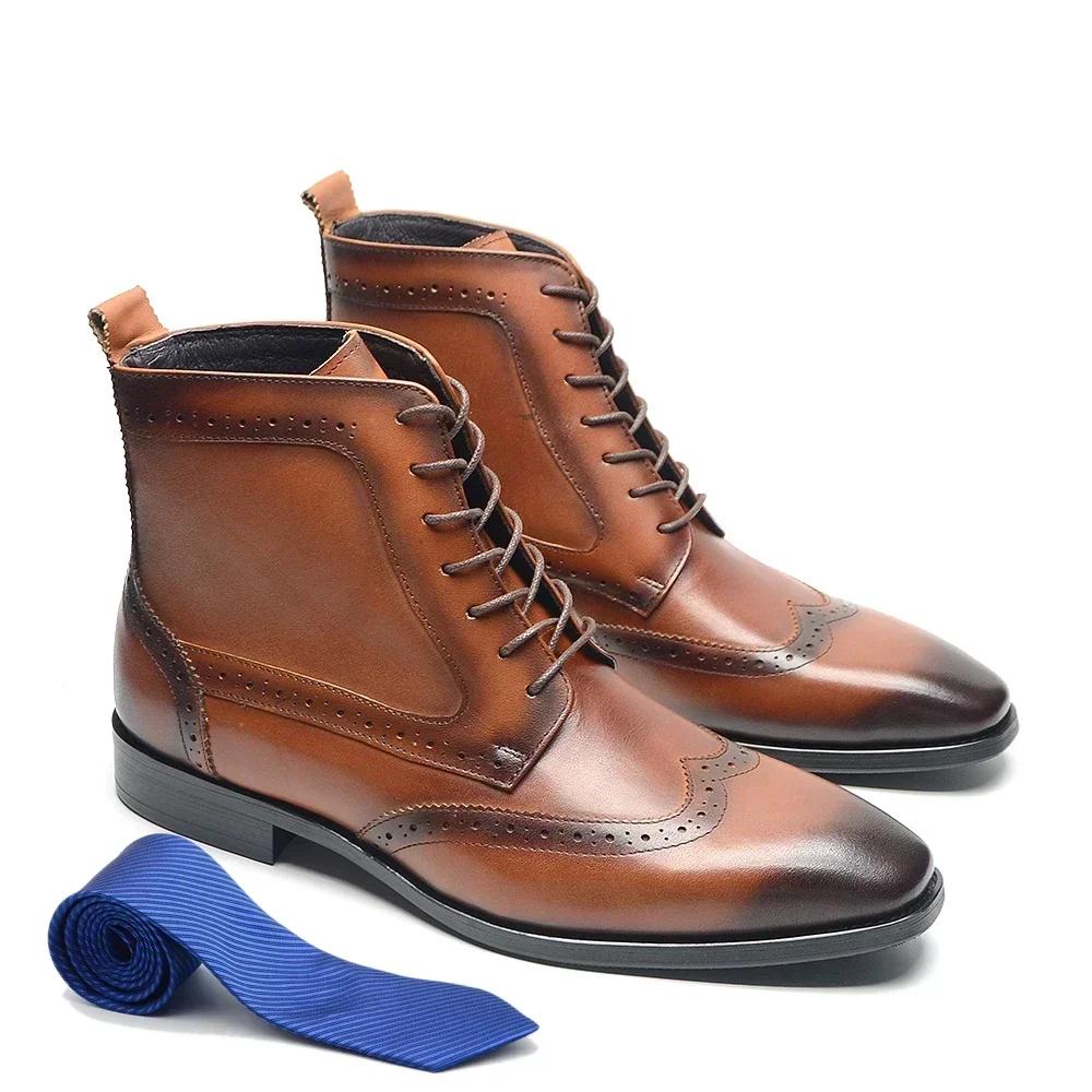 

Classic Cowhide Genuine Leather Mens Ankle Boots Motorcycle Brogue Wingtip Toe Lace-up High Top Derby Business Man Dress Shoes 39