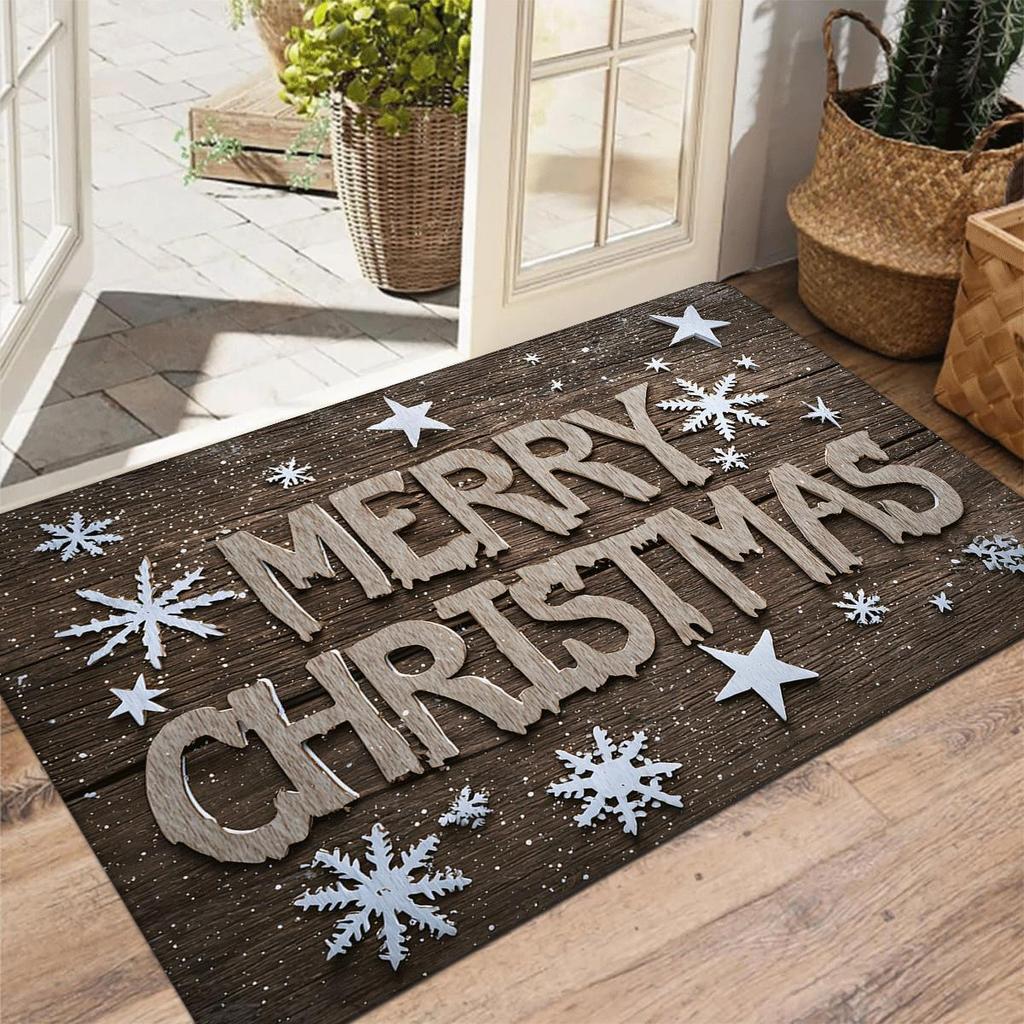 1pc of Christmas Doormat, 1.2 Cm Thick, Vintage Snowflake Faux Wood Design Carpet, Absorbent Non-Slip Polyester Fiber Mat, Suitable for Living Room, B