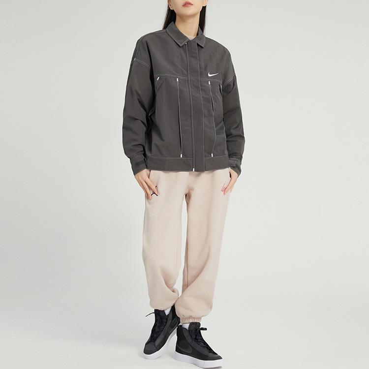 Nike Solid Color Logo Print Zip-Up Woven Jacket Women Jacket Grey FD9929-261