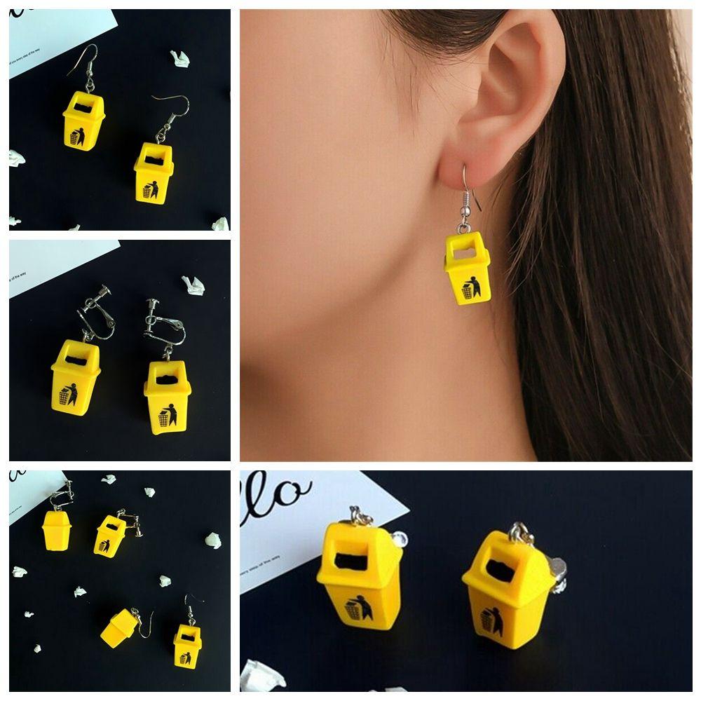 

1 пара женских модных сережек-гвоздиков, креативные зажимы для ушей, забавные серьги-капли, серьги в мусорный бак, желтые висячие серьги