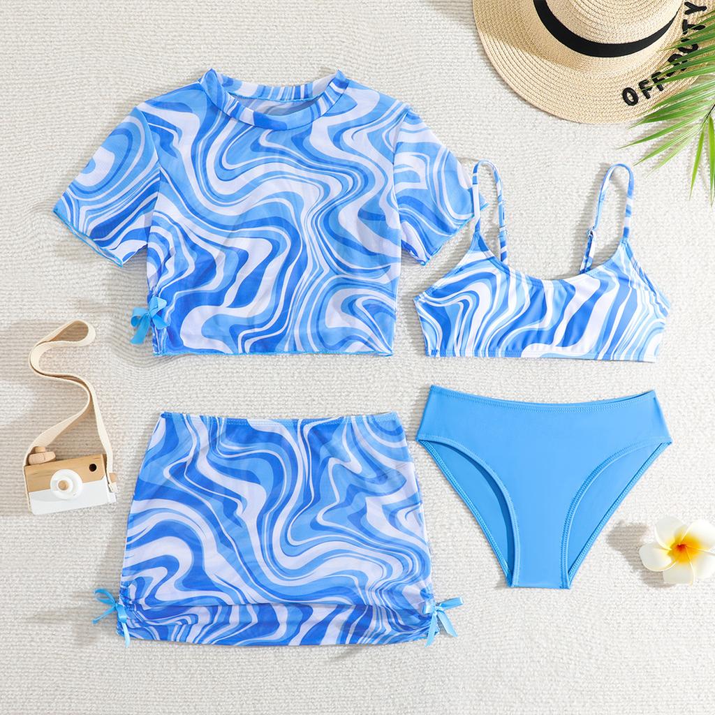 Girls Three Piece Swimsuit Set High Waist Bottoms with Mesh Skirt and Short Sleeve Cover Up Top for Kids Summer Beachwear