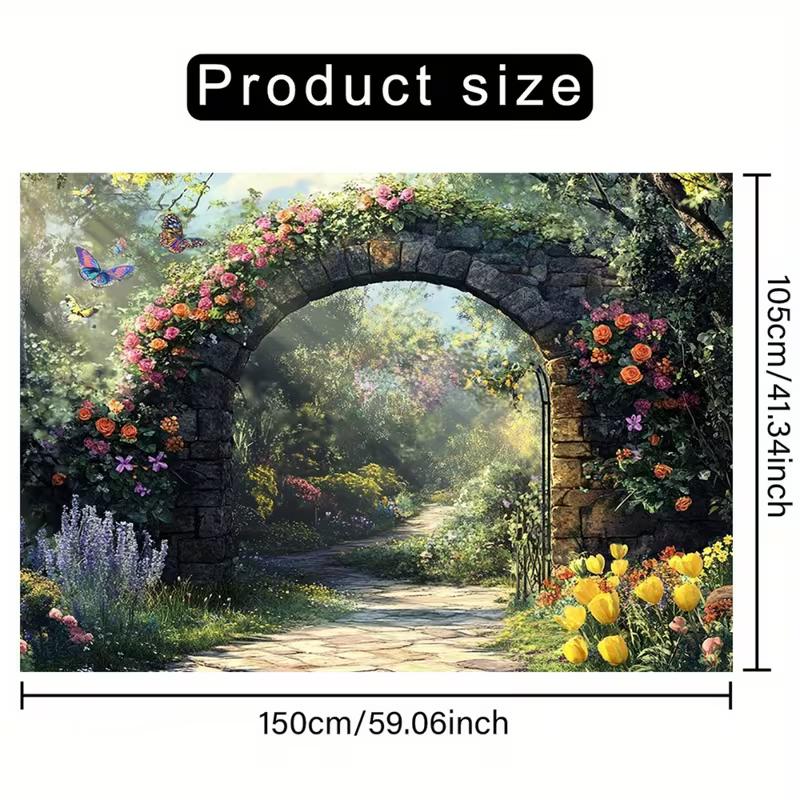 2D HD Fairy Tale Garden Backdrop, Floral Stone Arch with Butterflies Photo Background Cloth