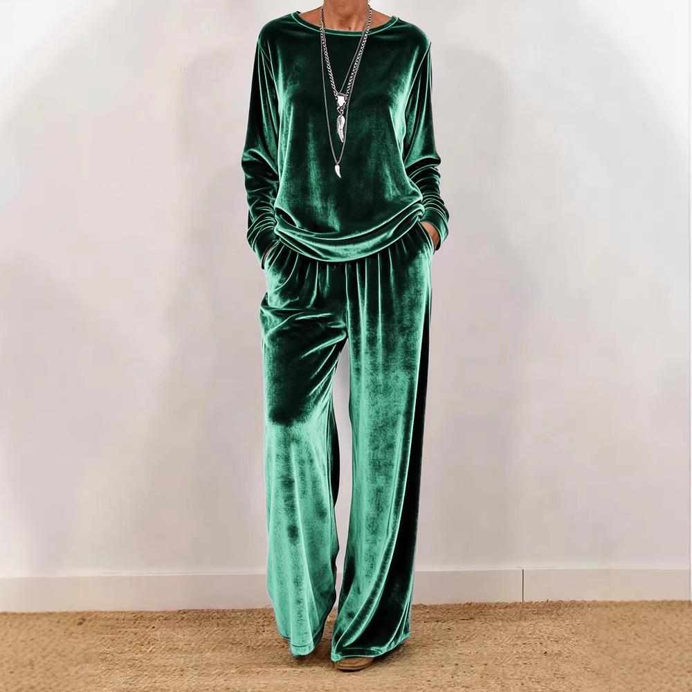 Women's Velvet Long Sleeve Top and Wide Leg Pants Set In 5 Colors