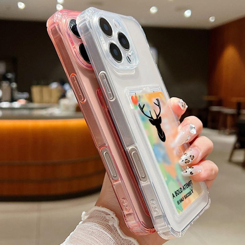 For iPhone 16E 16 Pro Max 15 Pro 14 13 12 11 Cover Shell Simple Deer Pattern Clear Card Pocket Slot Slim Shockproof Soft Silicone Phone Case