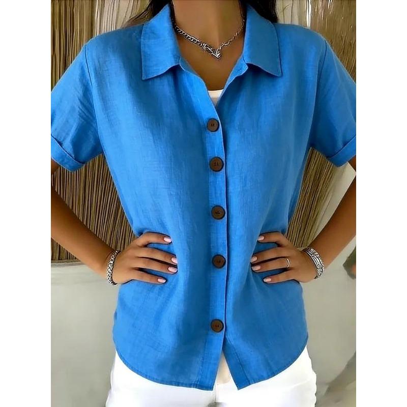 Casual Comfortable Cotton Linen Short Sleeve Button Shirt For Women
