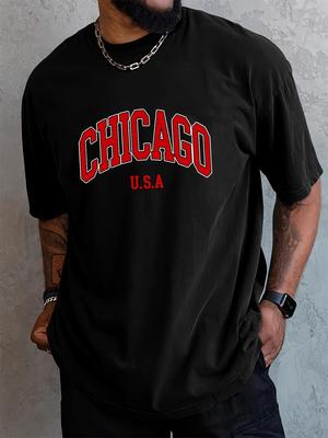 Męska Letnia Modna Codzienna Luźna Bawełniana Plus Size Koszulka Top z Krótkim Rękawem i Okrągłym Dekoltem z Nadrukiem Chicago USA Sportowa