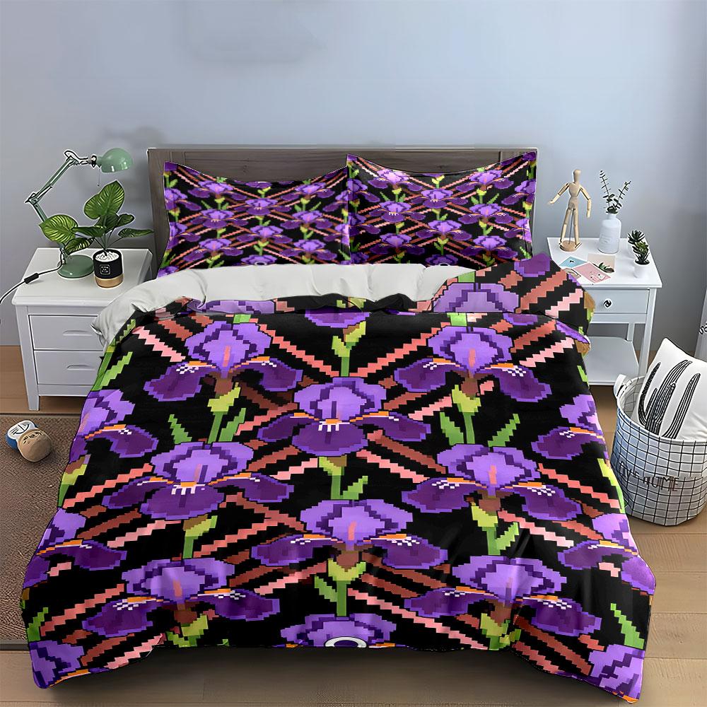 Purple irises, geometric stripes. Bedding sets Duvet cover sets Duvet covers Pillowcases(1 * Duvet Cover 2 * Pillowcases without duvet insert)