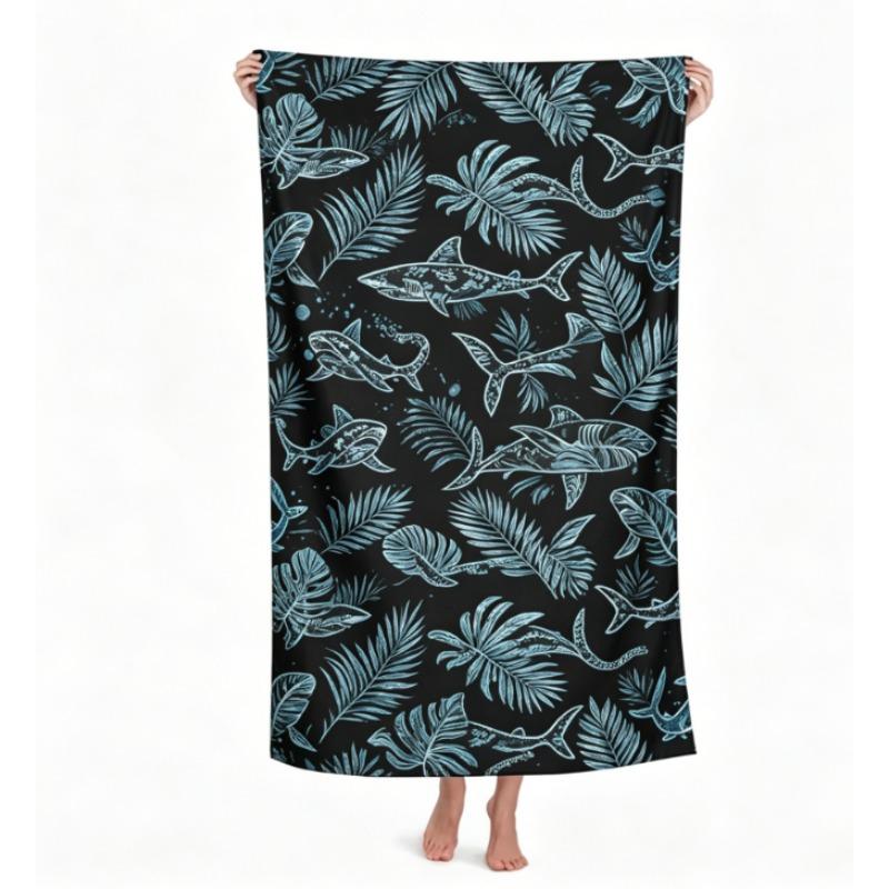 Oversized Microfiber Beach Towel, Blue Shark Ocean Splash Print, Quick Dry & Sand Resistant, for Summer Beach Pool Vacation