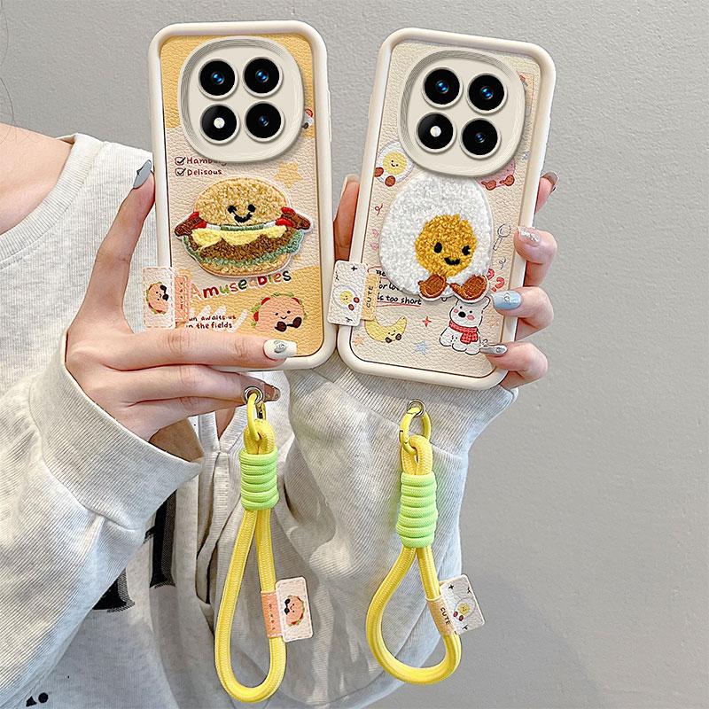 KEYSION Cartoon Cute Plush Embroidery Case for Redmi Note 14 Pro 5G 14 Pro+ with Lanyard Shockproof Phone Cover for Xiaomi POCO X7