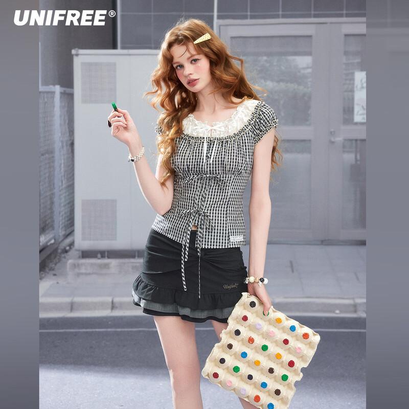 UNIFREE Women s Lace Spliced Plaid Slim Fit Shirt M серый
