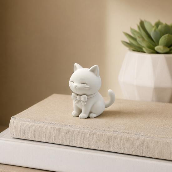 3D Printed Cute Cat Ornament, Mini Size Matte White Cat Figurine with Bow Tie, Desktop Decoration for Home Office Car, Small Gift for Cat Lovers