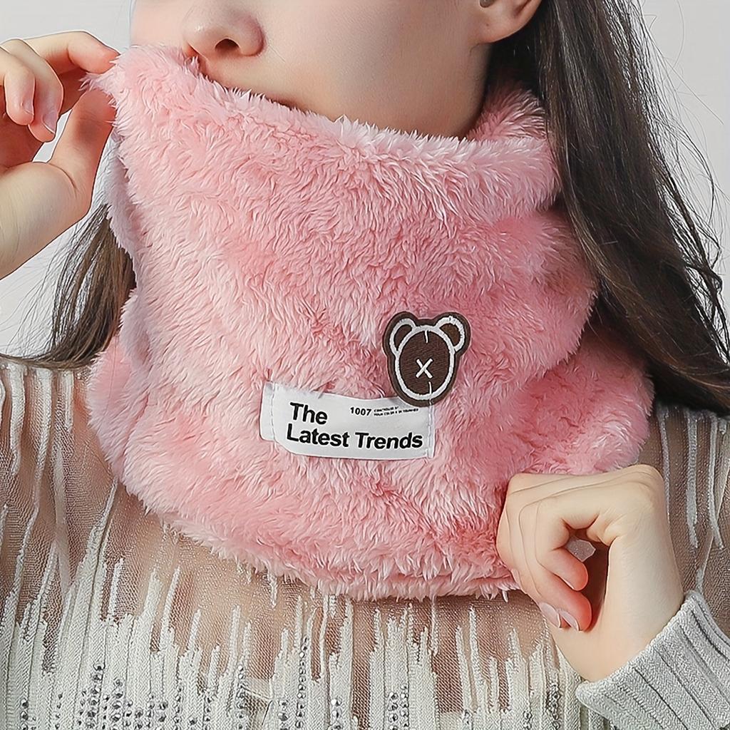 Cute Cartoon Bear Embroidery Thick Plush Scarf Cozy Warm Loop Infinity Scarf for Outdoors Elastic Windproof Fashion Accessory