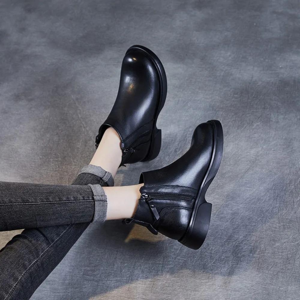 Autumn/Winter Genuine Leather Women's Boot Side Zipper Single Boot New Flat Bottom Short Boots Chelsea Womans Shoes