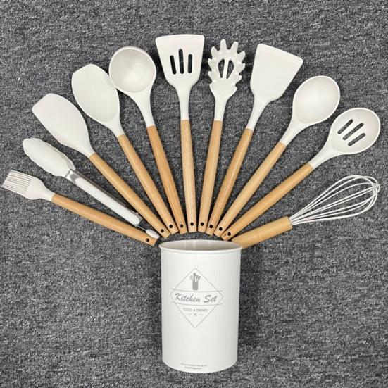 12Pcs Silicone Cooking Utensils Set Wooden Handles Spatula Set Heat