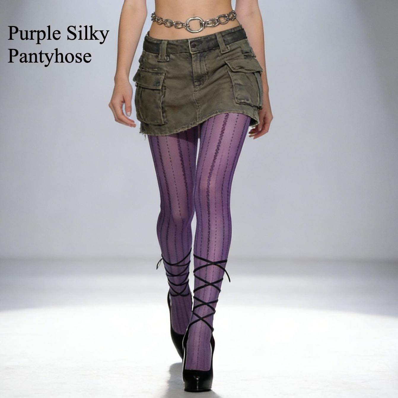 Graue seidige Strumpfhosen Tanzclub-Kleidung für Sommer, Frühling, Herbst Damen Vertikaler Streifen Körperstrümpfe Weiß Lila Transparente Strumpfhosen One Size gray