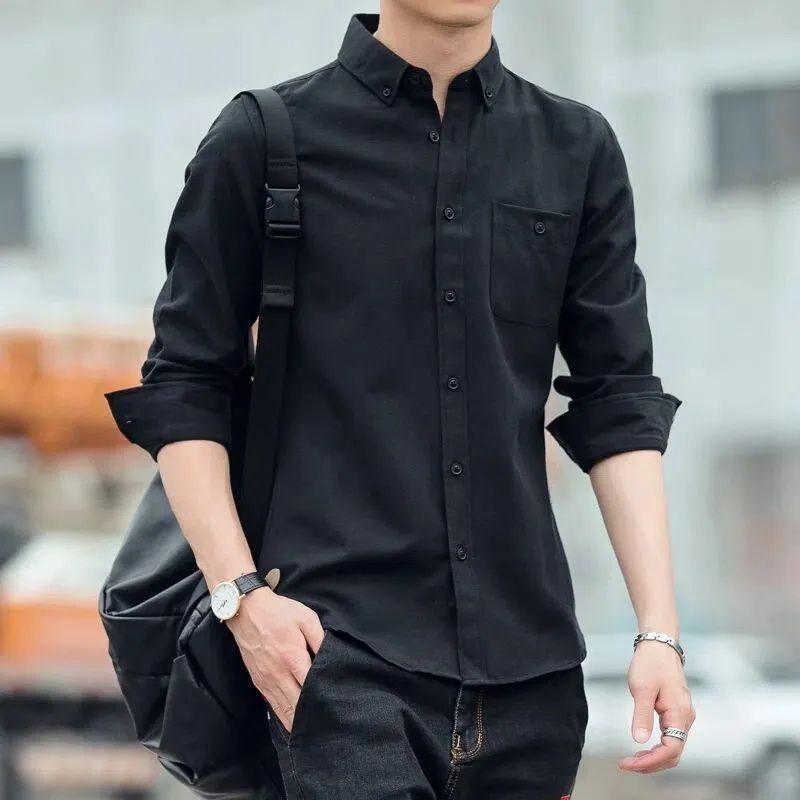 Spring Autumn Polo-neck Solid Long Sleeve Business Shirt Single Breasted Top Cardigans Men