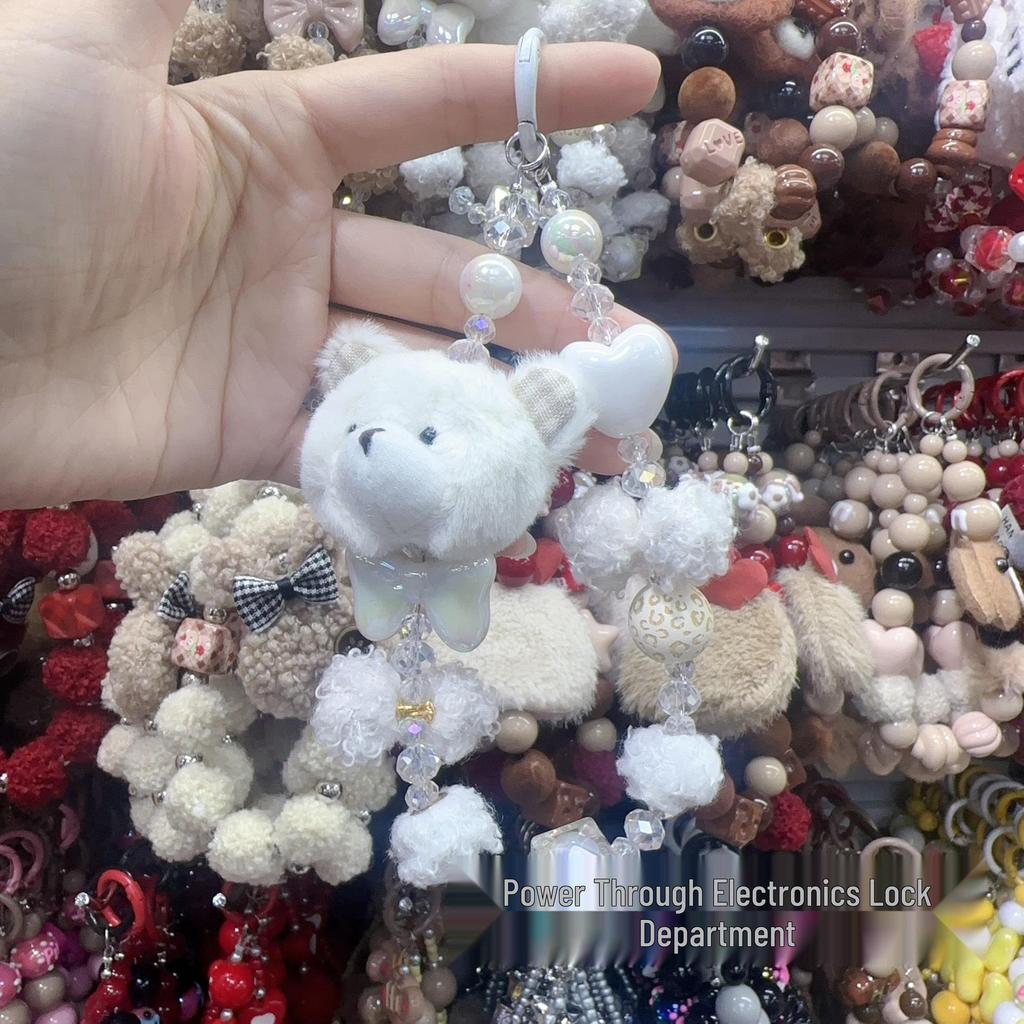 Autumn/Winter Plush Rabbit Teddy Bear Pompon Mobile Phone Chain with Bowknot and Beaded Key Lanyard
