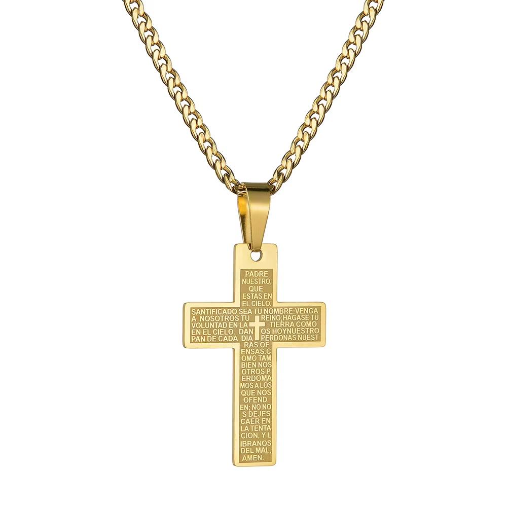 Classic Stainless Steel Bible Cross Necklace Pendant Men Hip Hop Jewelry Fashion Gold Color Long Chain Necklace