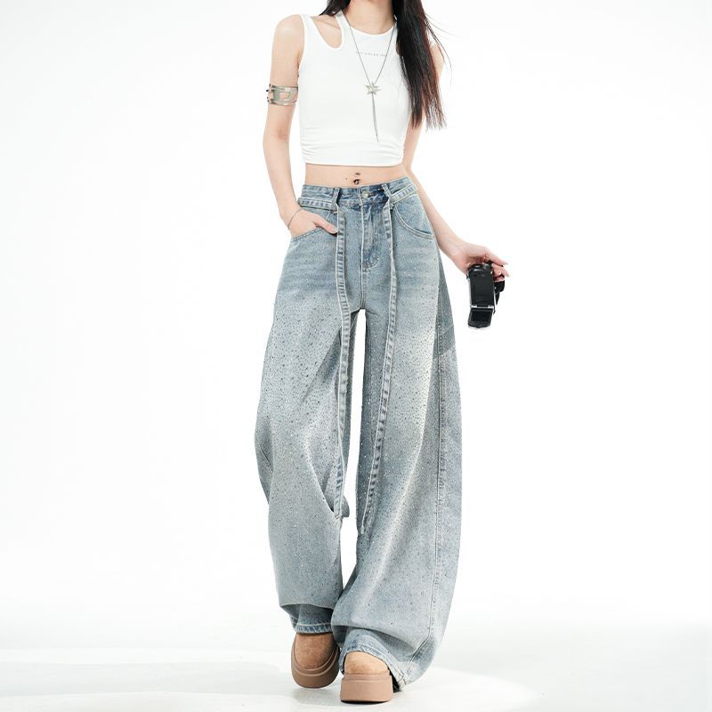 Frühling Sommer Schwer Vollstern Strasssteine Gürtel Design Schlank Weites Bein Jeanshose Für Damen Lässige Hose Übergröße Jeanshose