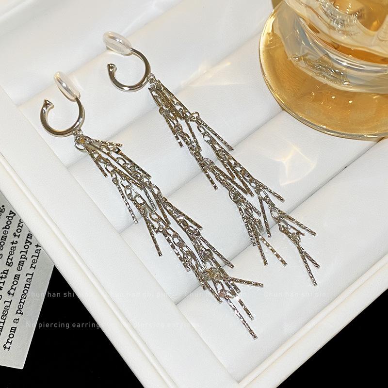 

Super flash silver fringed earrings, advanced sense, painless mosquito coil disc ear clips, women without ear piercings, cold wind, metal ear buckles