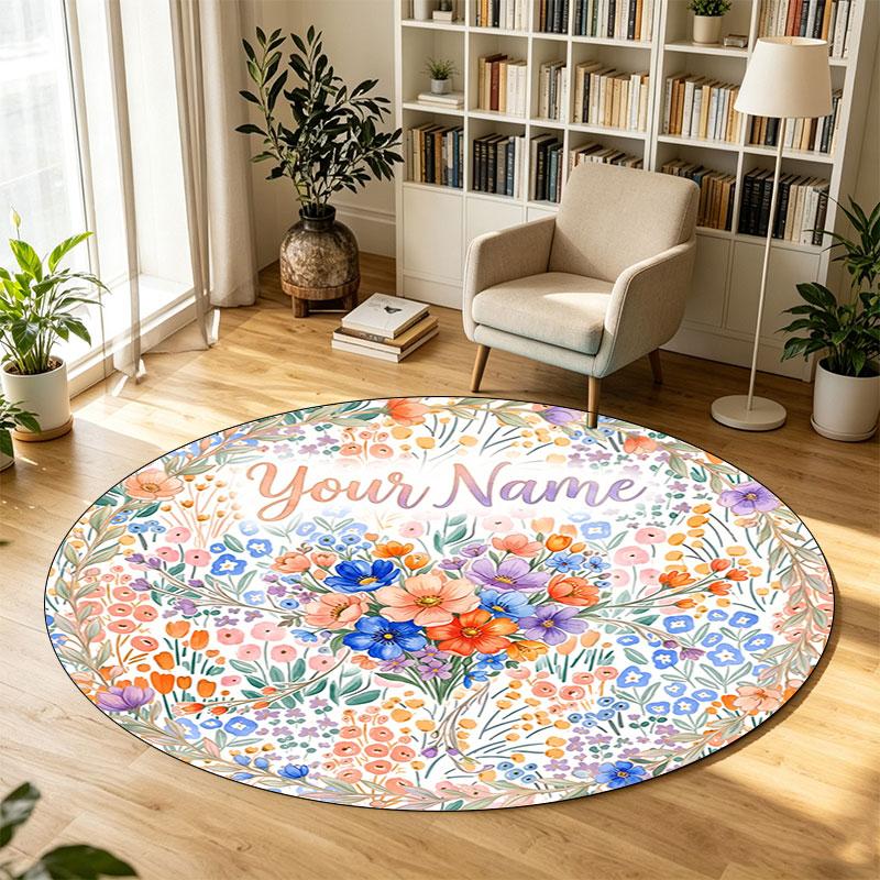Floral Flowers (823) Theme Circular Crystal Velvet Carpet Customized Name & Text Round Soft Floor Rug For Living Room Bedroom Decor