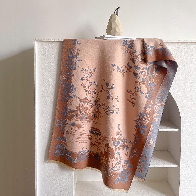 Imitation Cashmere Temperament Scarf Women'S Winter Shawl Thickened Double-Sided Dual-Purpose Long Flower
