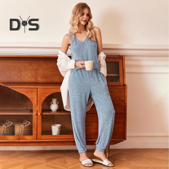 Zweiteiliges Pyjama-Set für Damen, Waffelstrick, Baumwolle, Loungewear, ärmelloses Tanktop, lange Hosen, Outfits, lässige Sommer-Homewear