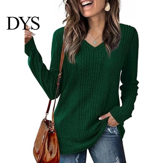 Damen Herbstkleidung Tunika Pullover V-Ausschnitt Langarm Einfarbig Gerippt Lässige Oberteile Schlanke Passform Gestrickt Locker