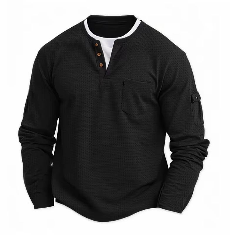 

Men s Button Henley Neck Shirt Long Sleeve Casual Button Solid Color T-Shirt Fashion Waffle Fake Two-piece T-Shirt S чорний