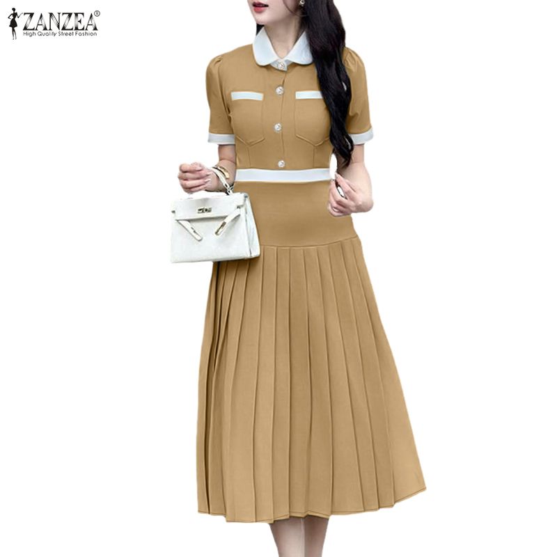 ZANZEA Women Casual Turn Down Collar Summer Short Sleeve Pleated Dress