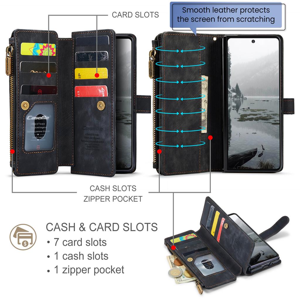 For Samsung Galaxy Z Fold7 5G Phone Cases with Strap CASEME C30 Zipper Multiple Card Holder PU Leather Cover