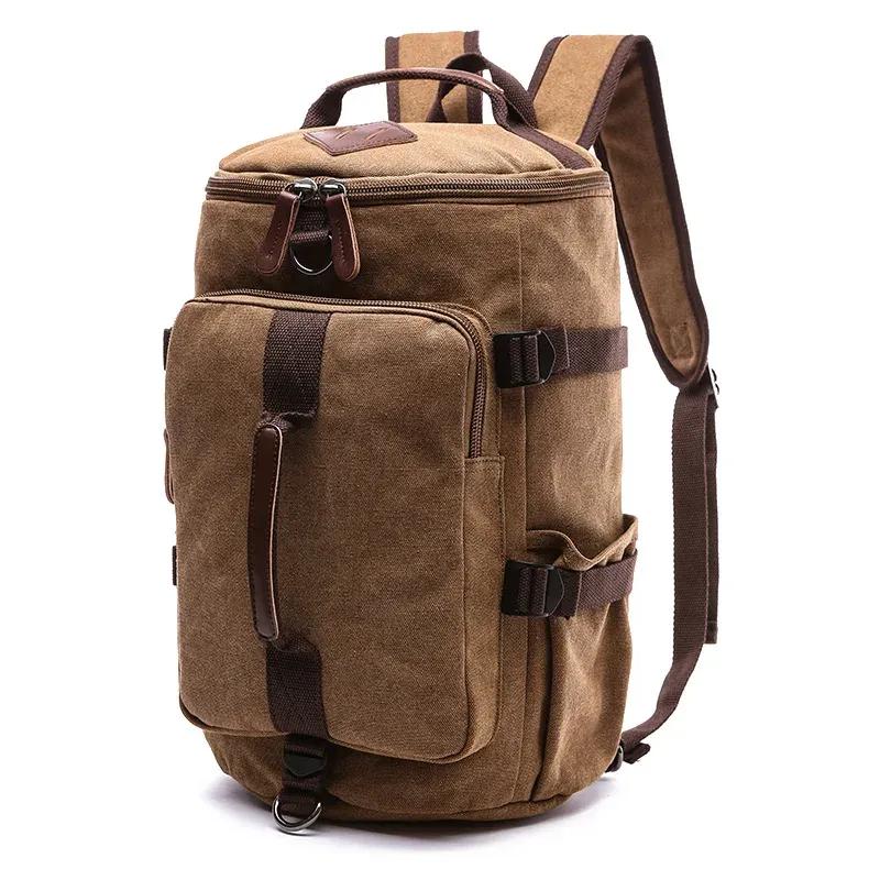 Men's Canvas Backpack Vertical Square Travel Canvas Bag Outdoor Large-capacity Cylinder Student School Bags