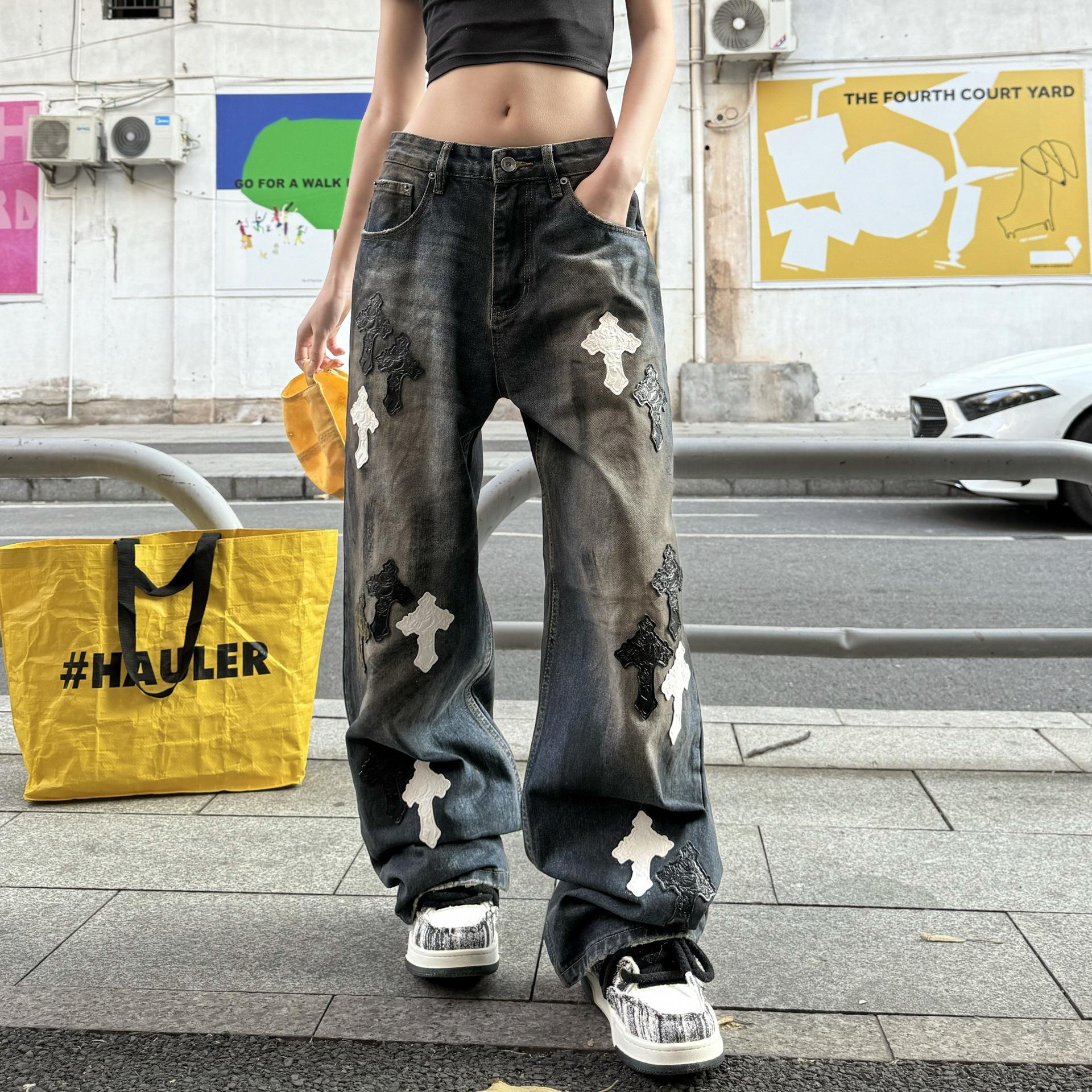 New trendy brand loose straight blue washed jeans S синий