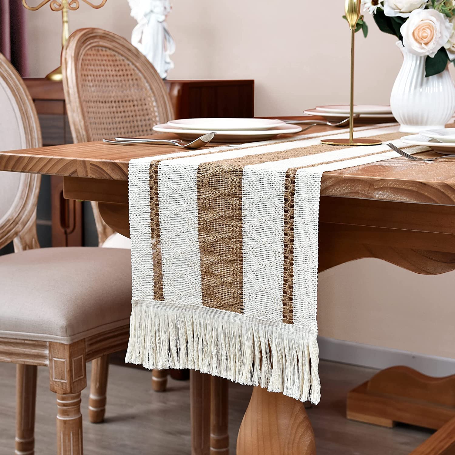

30x180cm Table Runner Natural Cotton Burlap Striped Splicing Bohemian Style Tables Runner With Tassels Dining Wedding Home Decor 30x180cm