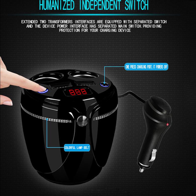 USB Car Charger Cup Holder Display Car Charger Cigarette Lighter Splitter With Voltage Display