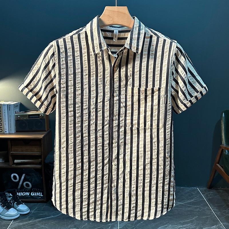 Men s Black and White Striped Textured Short Sleeve Shirt M синий