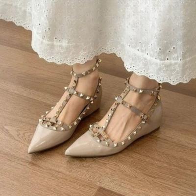 Fashion Inner Heightened Single Shoes Autumn New Pointed Toe Shallow Rivet One Strap Soft Sole Non-Slip Low Top Shoes