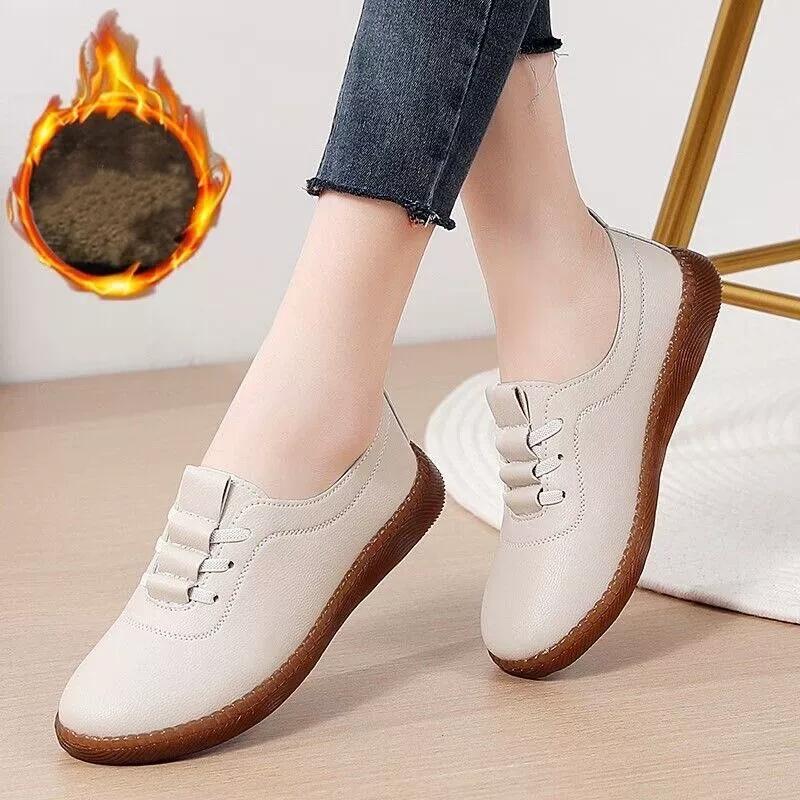 Women's Autumn Winter with Fur Women Moccasins Leather Shoes Driving Comfort Flats Casual Nurse Loafers Walking Minimalist Maternity Shoes