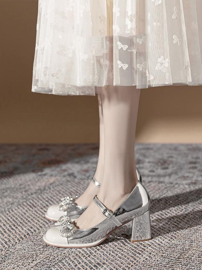 Pearl Bow Silver Round Toe Chunky Heel Mary Jane Shoes Spring Summer Shallow Shoes Fashion High Heeled Footwear