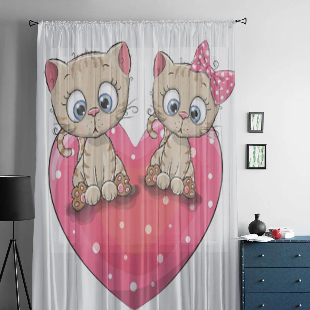 Two Cute Cartoon Kittens Sheer Curtains For Bedroom Living Room Tulle Curtains For Kitchen Window Voile Curtains