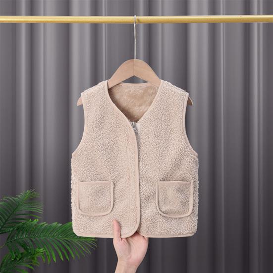 Barn Fleece Vest Ermløs Jakke Ensfarget V-hals Glidelåsvest med Lommer Varm Vinter Plysjvest for Gutter Jenter