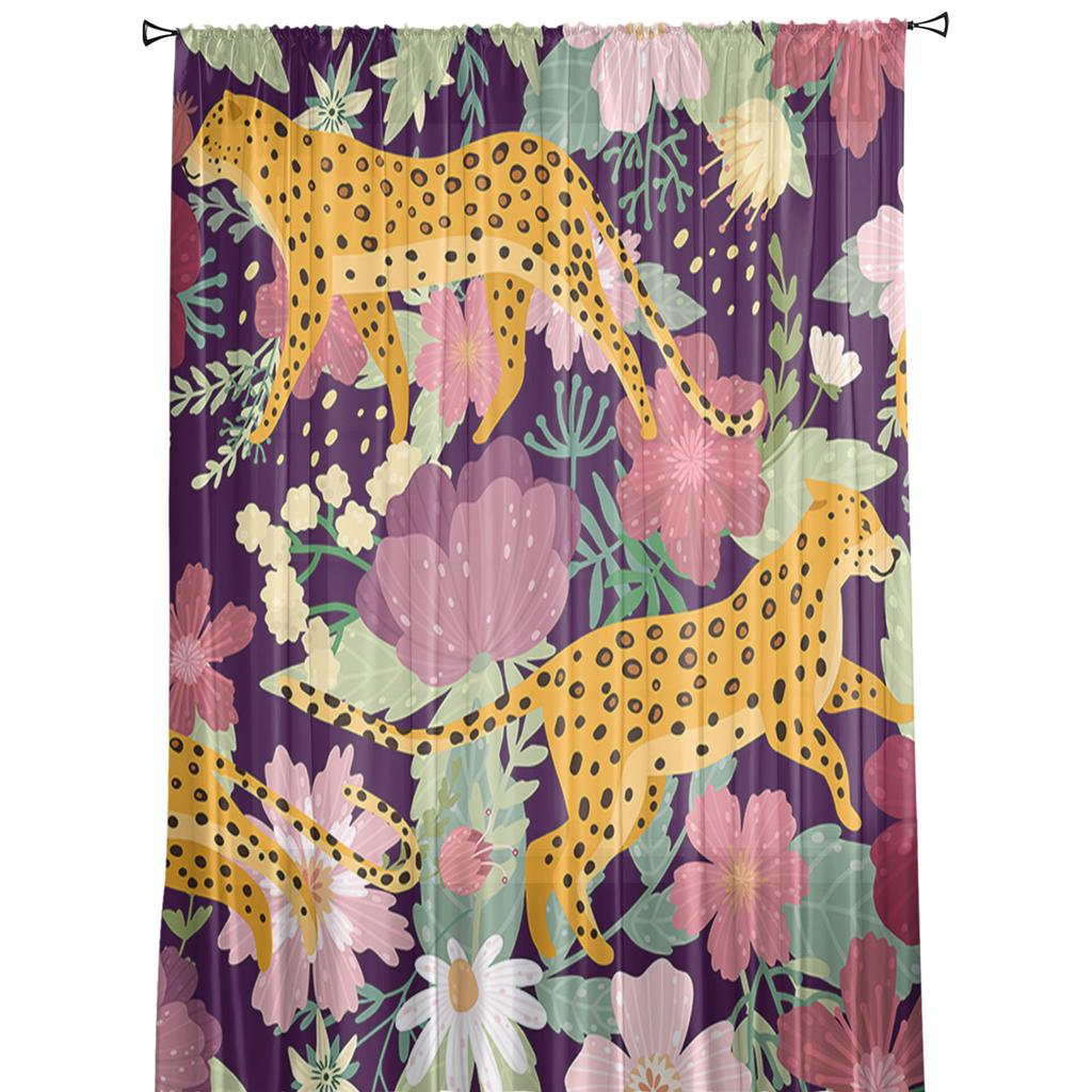 Leopard On Colored Flowers Tulle Sheer Window Curtains for Living Room Kitchen Children Bedroom Voile Hanging Curtain