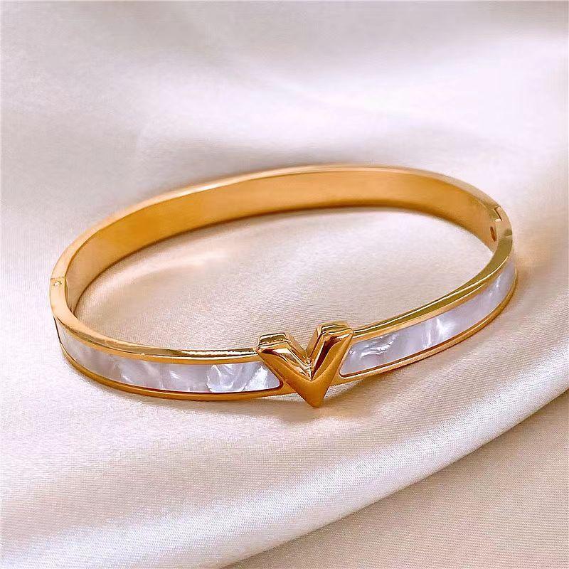 316L Stainless Steel Letter V Bangles&bracelets for Women Fashion Brand Jewelry Multicolor Hollow Crystal Bangles Accessories