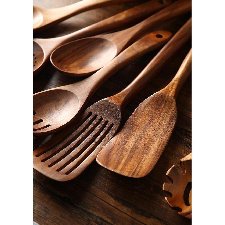 Wooden Kitchen Utensils set,NAYAHOSE Wooden Spoons for cooking Natural Teak Wood Kitchen Spatula Set for Cooking including Spoon Ladle Fork 7 Pack