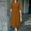 ZANZEA Women Casual Turn Down Collar Solid Color 3/4 Sleeve Shirt Dress