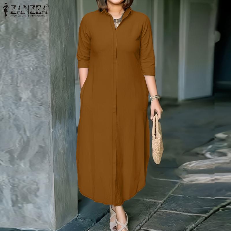 ZANZEA Women Casual Turn Down Collar Solid Color 3/4 Sleeve Shirt Dress
