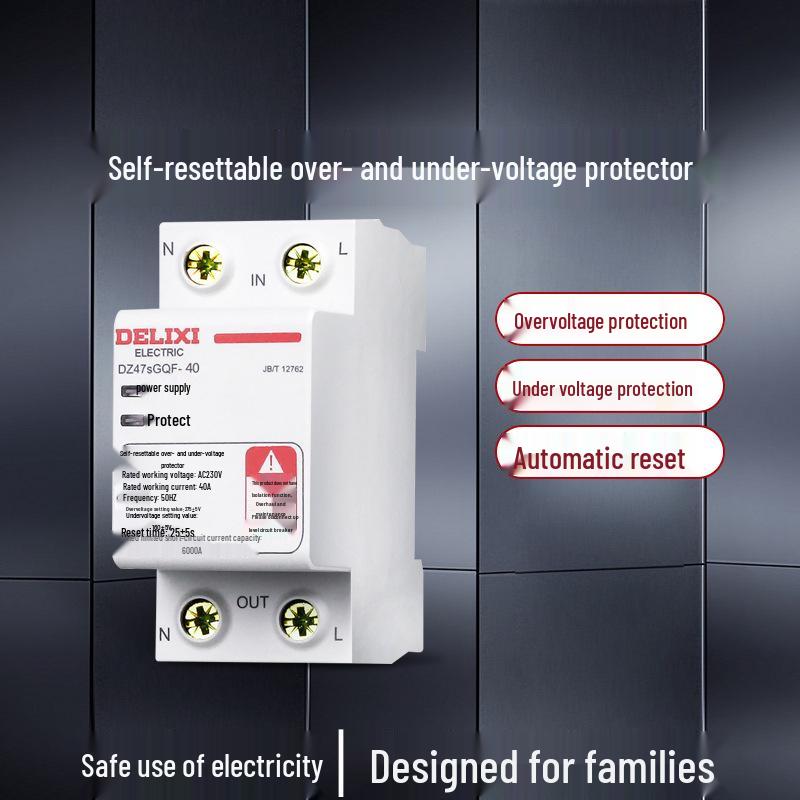 Delixi DZ47sGQF Self-Resetting Household Over/Under Voltage Protector, 2P Single-Phase 1P+N, Top In/Bottom Out, 40A/63A.