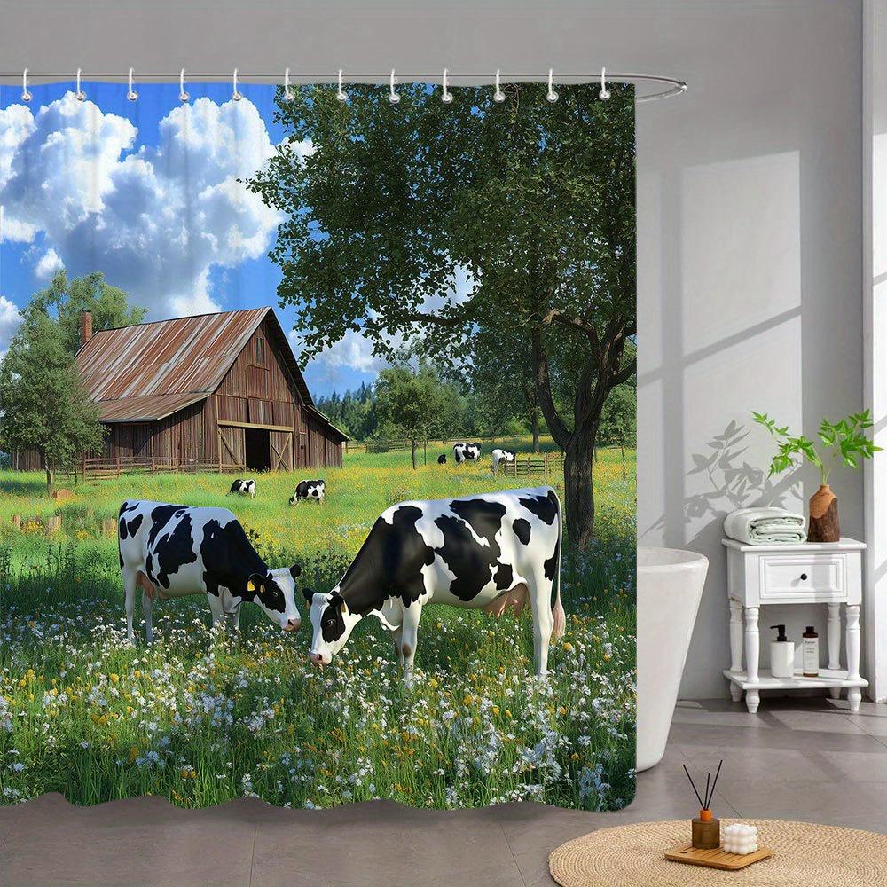 1 pc Tranquil country scene Bathing shower curtain-Two Holstein cows grazing in a lush green field Patterned bathroom curtains 90x180cm