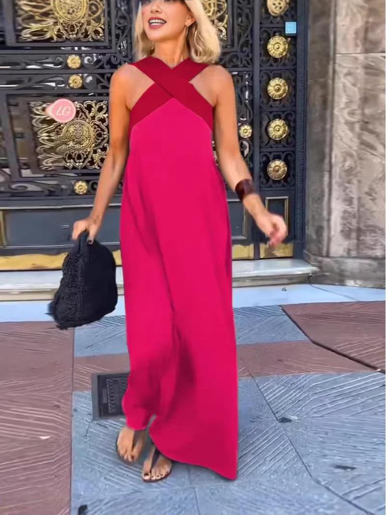 2026 Cross-Border European American Fashion Patchwork Strapless Halterneck Vacation Dress