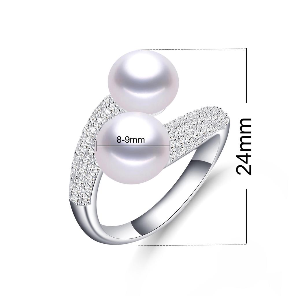 New Double Pearl Adjustable Natural Freshwater Pearl Original 925 Silver Zircon Women's Ring Fine Bridal Jewelry
